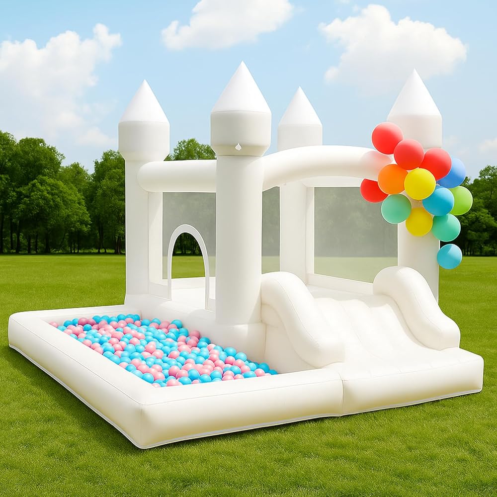 White Inflatable Bounce House with Ball Pit shown outdoors