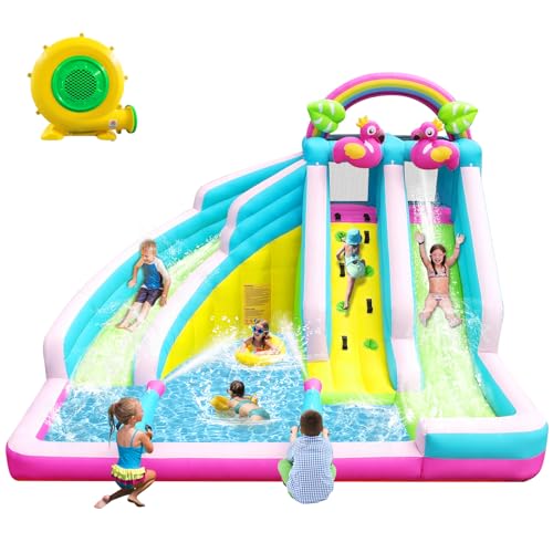 Flamingo Dual-Slide Inflatable Water Park shown outdoors
