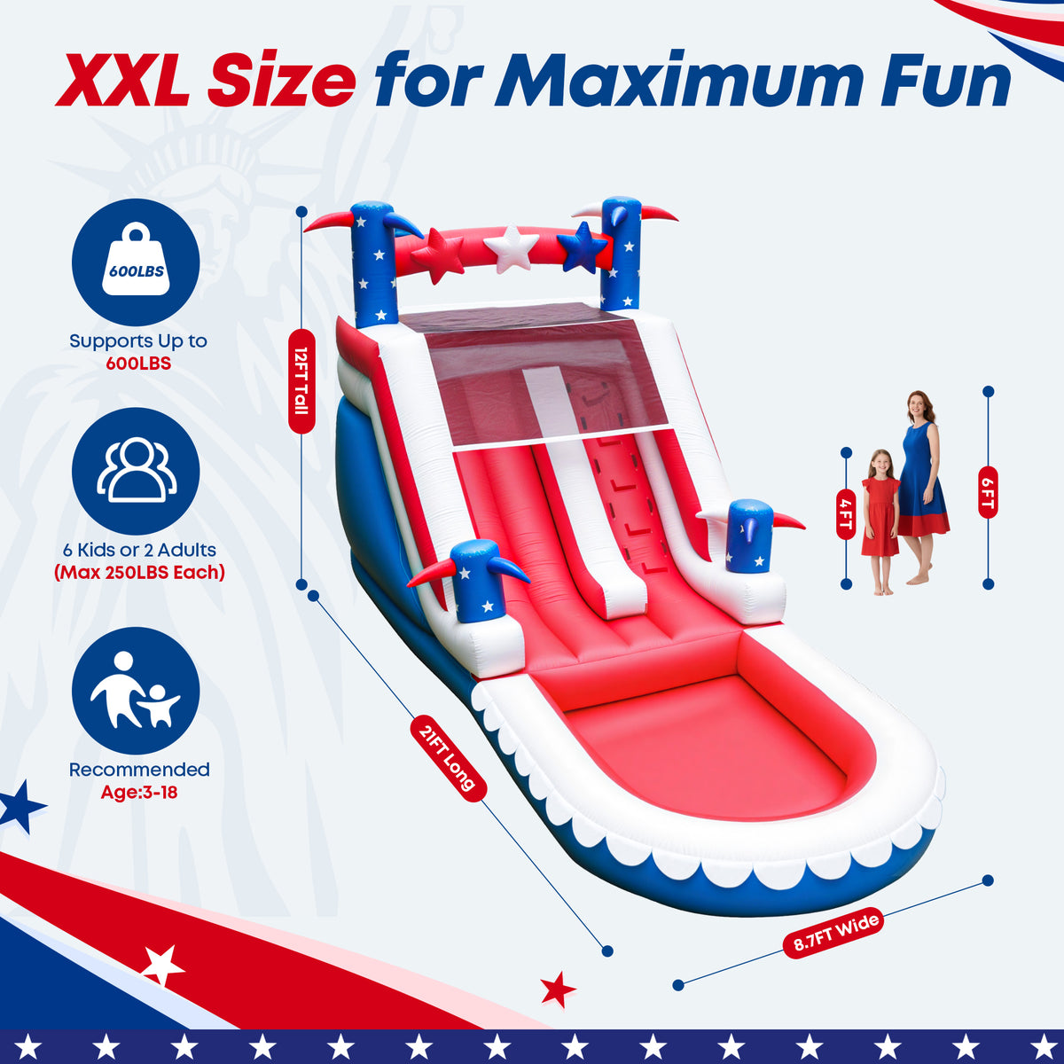 Inflatable Water Slide for Kids & Adults – 21FT XL USA Flag Blow Up Water Park with Large Splash Pool, Long Slide, Climbing Steps, Heavy-Duty PVC – Backyard Summer Fun