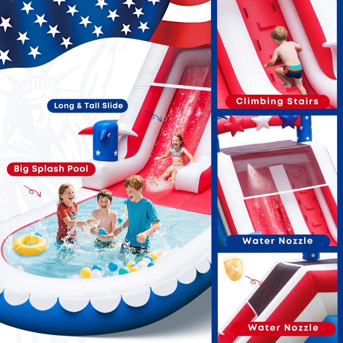 Inflatable Water Slide for Kids & Adults – 21FT XL USA Flag Blow Up Water Park with Large Splash Pool, Long Slide, Climbing Steps, Heavy-Duty PVC – Backyard Summer Fun