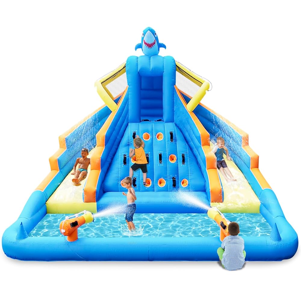 Shark Dual-Slide Inflatable Water Park shown outdoors