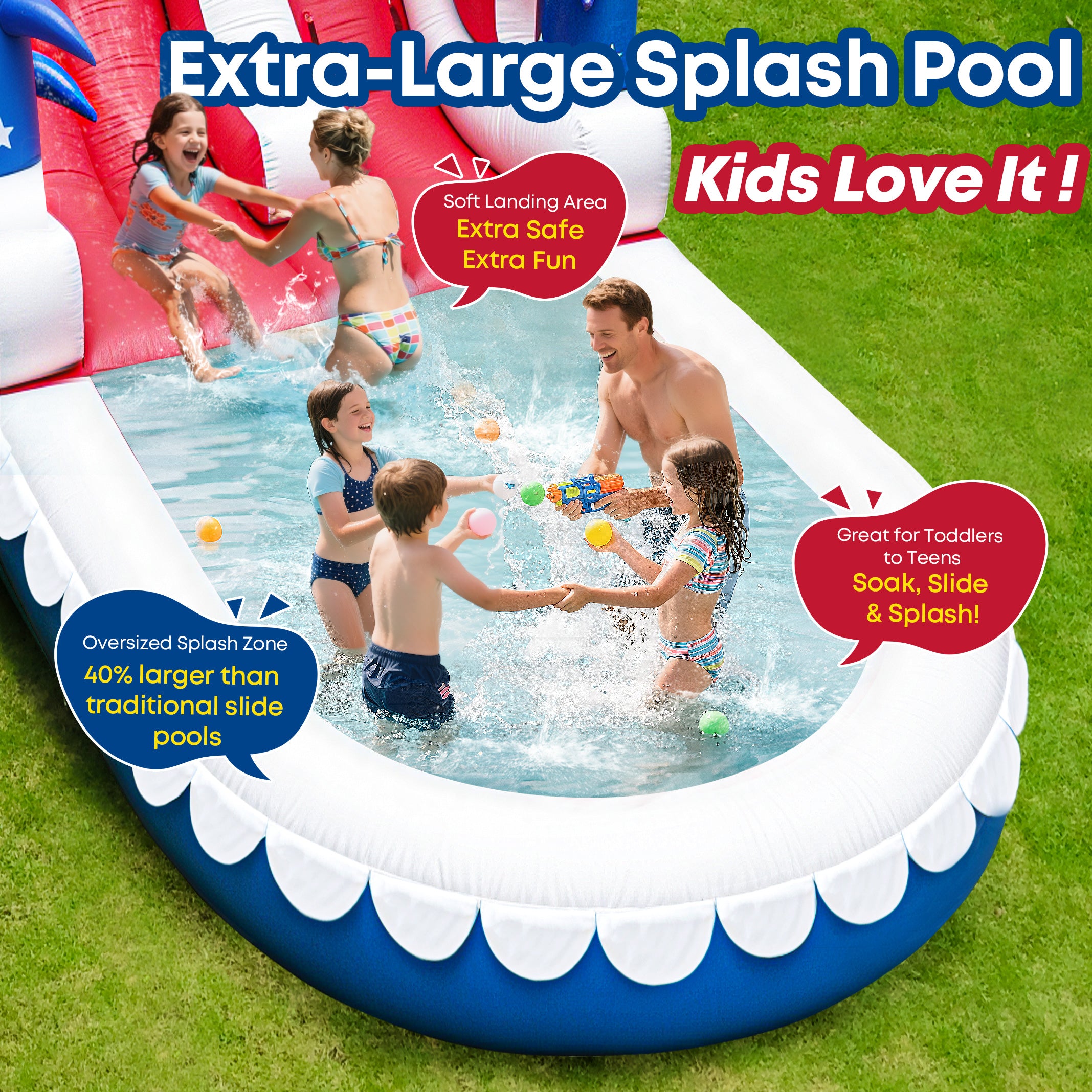 Inflatable Water Slide for Kids & Adults – 21FT XL USA Flag Blow Up Water Park with Large Splash Pool, Long Slide, Climbing Steps, Heavy-Duty PVC – Backyard Summer Fun