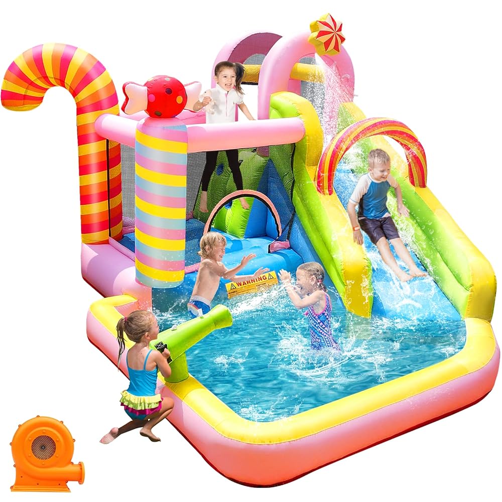 Candy-Themed Inflatable Water Slide & Bounce House shown outdoors