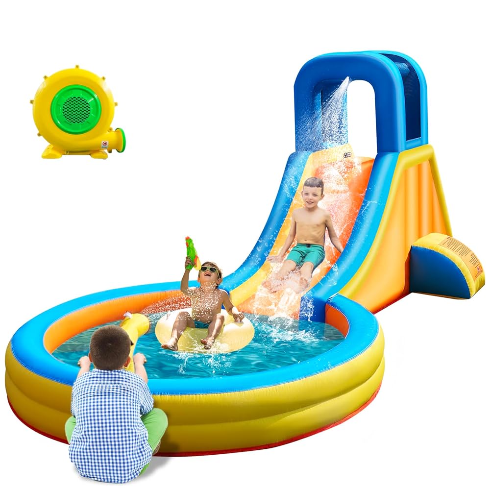 Round-Pool 5-in-1 Inflatable Water Slide shown outdoors