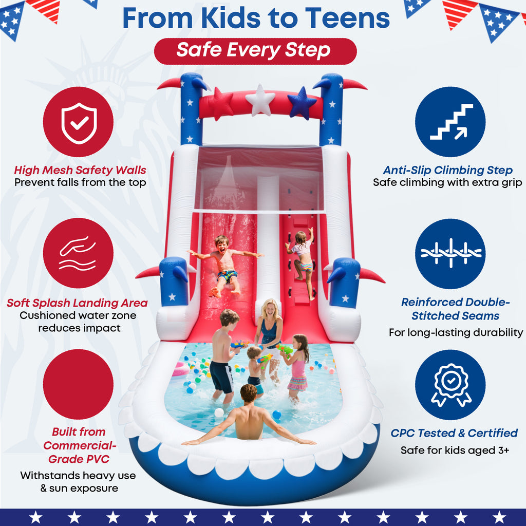 Inflatable Water Slide for Kids & Adults – 21FT XL USA Flag Blow Up Water Park with Large Splash Pool, Long Slide, Climbing Steps, Heavy-Duty PVC – Backyard Summer Fun