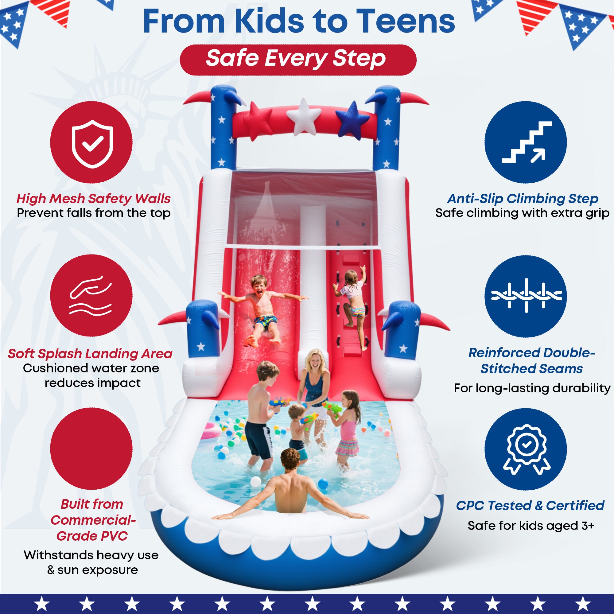 Inflatable Water Slide for Kids & Adults – 21FT XL USA Flag Blow Up Water Park with Large Splash Pool, Long Slide, Climbing Steps, Heavy-Duty PVC – Backyard Summer Fun