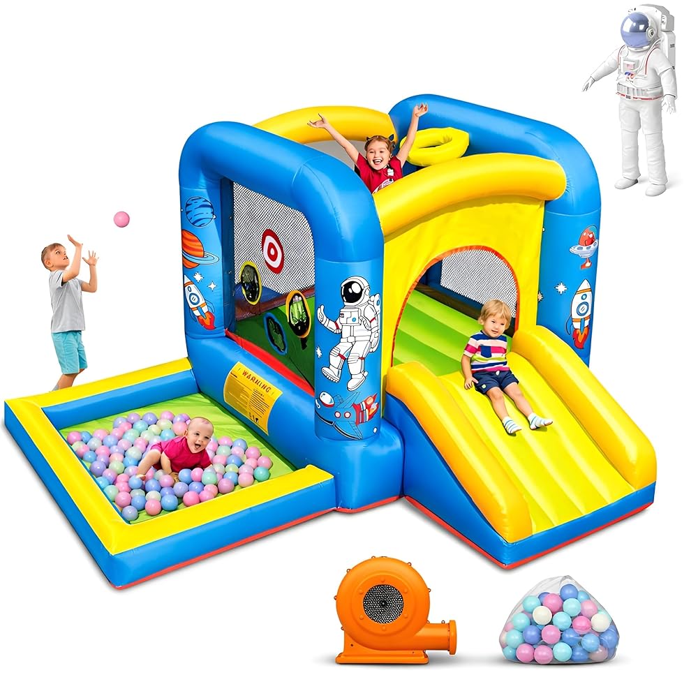 Astronaut Inflatable Bounce House with Slide shown outdoors