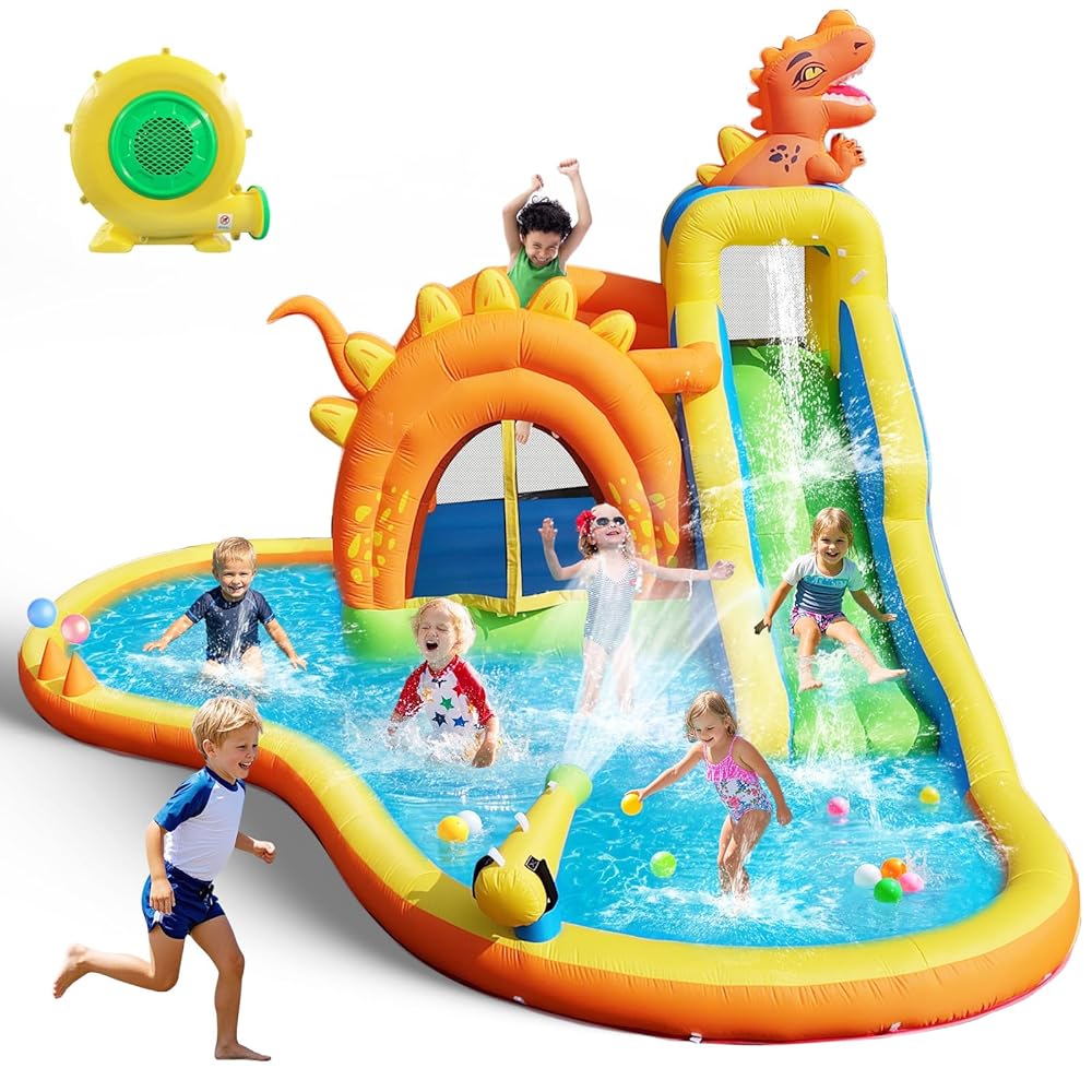 Dinosaur 7-in-1 Inflatable Water Park shown outdoors