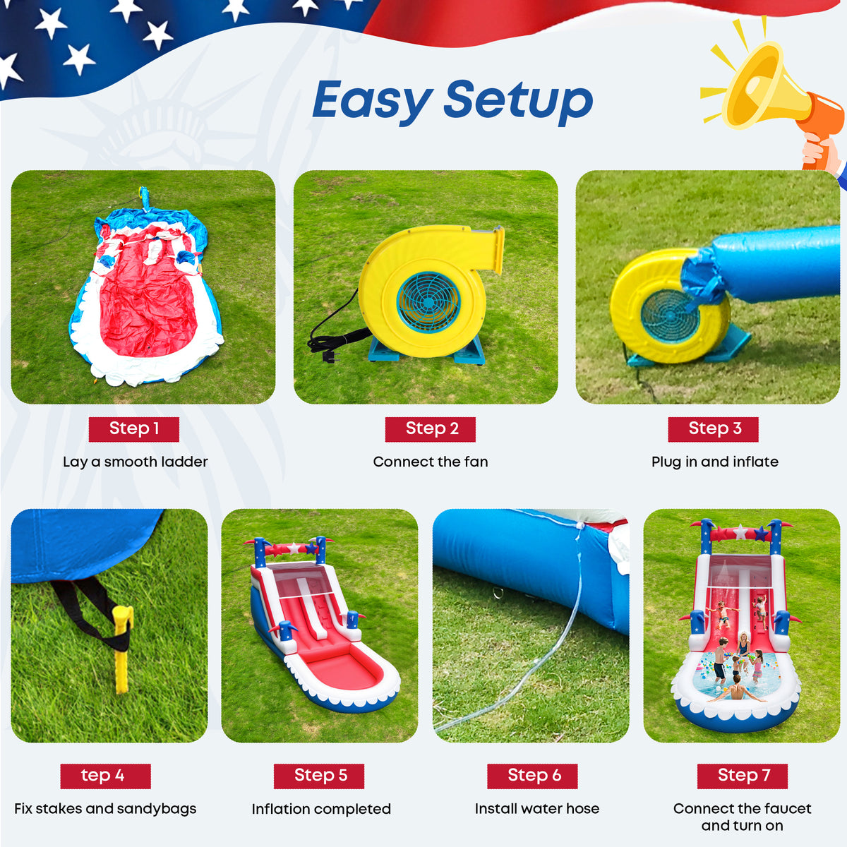 Inflatable Water Slide for Kids & Adults – 21FT XL USA Flag Blow Up Water Park with Large Splash Pool, Long Slide, Climbing Steps, Heavy-Duty PVC – Backyard Summer Fun