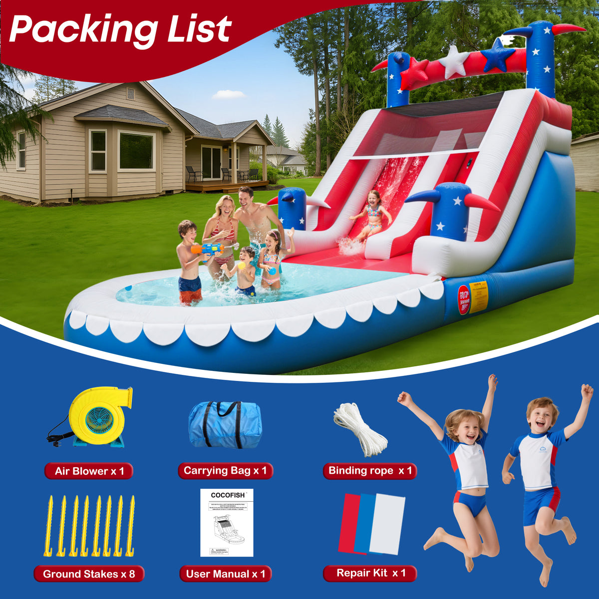 Inflatable Water Slide for Kids & Adults – 21FT XL USA Flag Blow Up Water Park with Large Splash Pool, Long Slide, Climbing Steps, Heavy-Duty PVC – Backyard Summer Fun