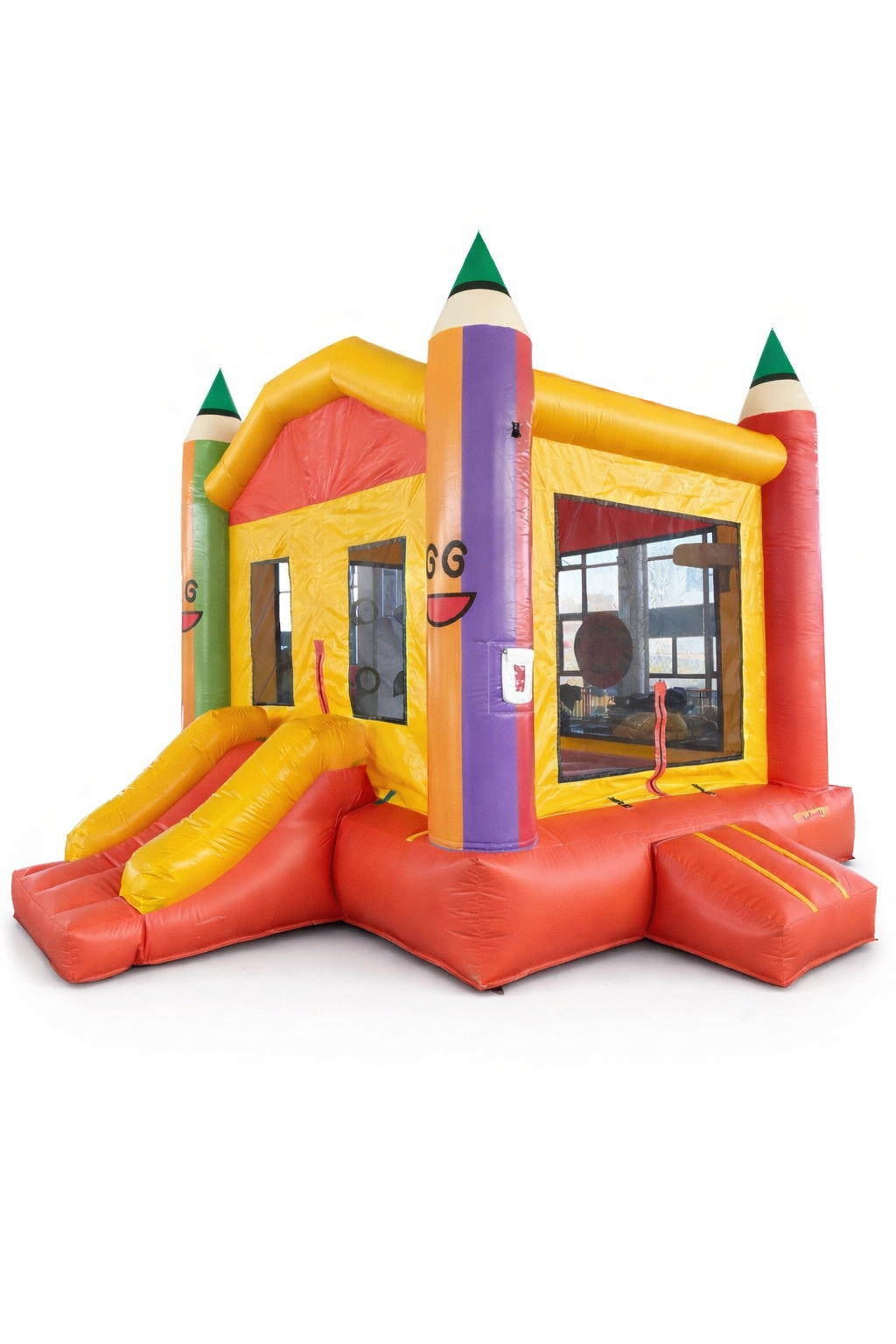 Commercial Pencil Bounce House with Slide shown outdoors
