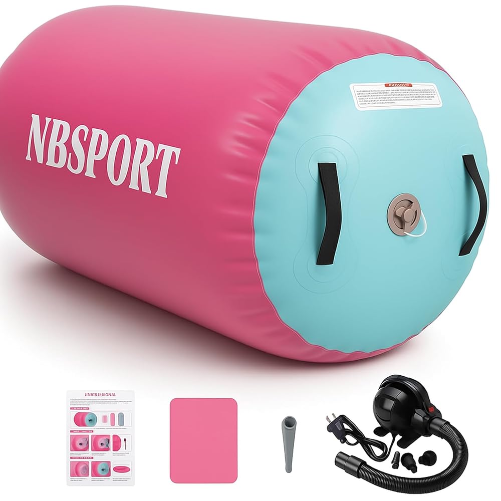Gymnastics Air Roller - Pink & Green shown outdoors