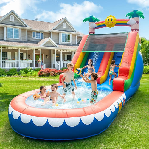21FT Tropical Palm Commercial Inflatable Water Slide shown outdoors
